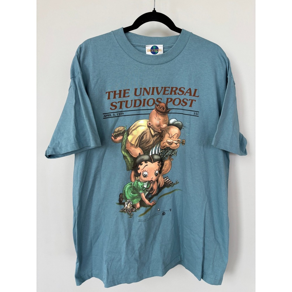 Vintage 1996 Universal Studios Betty Boop Popeye Wimpy T-Shirt Blue XL 90s